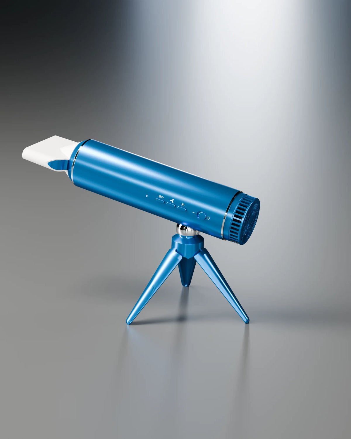 LeLunar HandsFreeDryer on its tripod, Bondi Blue studio shot