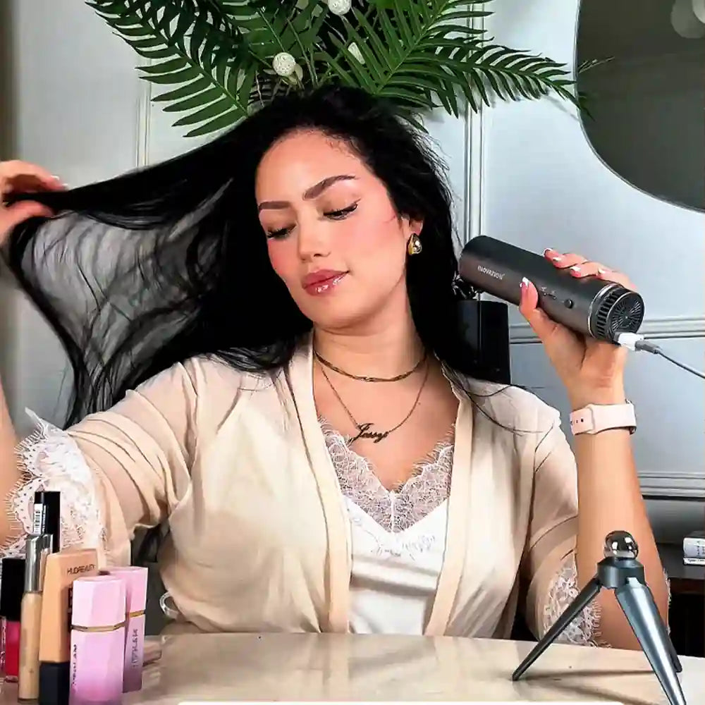 HandsFreeDryer hands-free blow dryer with signature metallic finish and magnetic tripod